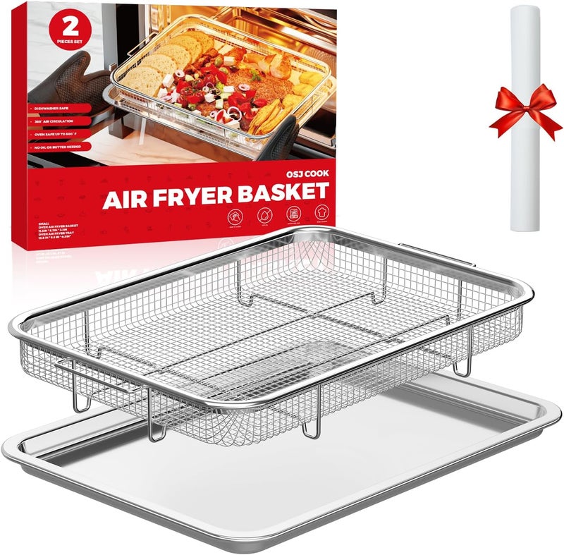 OSJ COOK Air Fryer Basket for Oven, Air Fryer Basket and Stainless Steel Baking Tray Pant Oven Air Fryer Pan Rack for Cooking Baking Dishwasher and Broiling (13.1" * 8.8" & 12.8" * 9.6") - Image 1