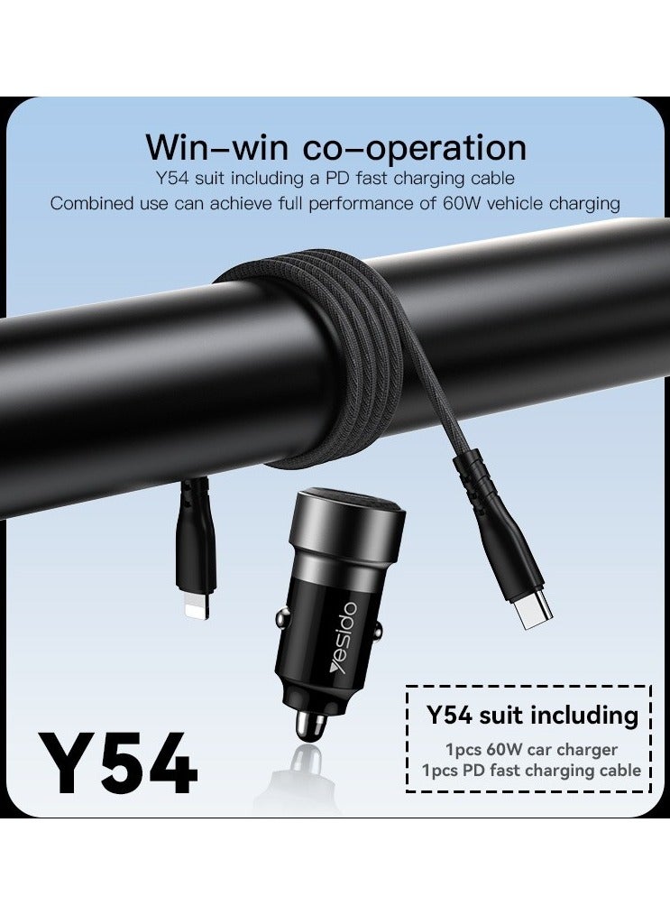 يسيدو شاحن سيارة Yesido Y54 سريع الشحن بقدرة 60 وات مع كابل Lightning إلى Type C QC3.0+PD30W Type-C/USB-C - Image 2