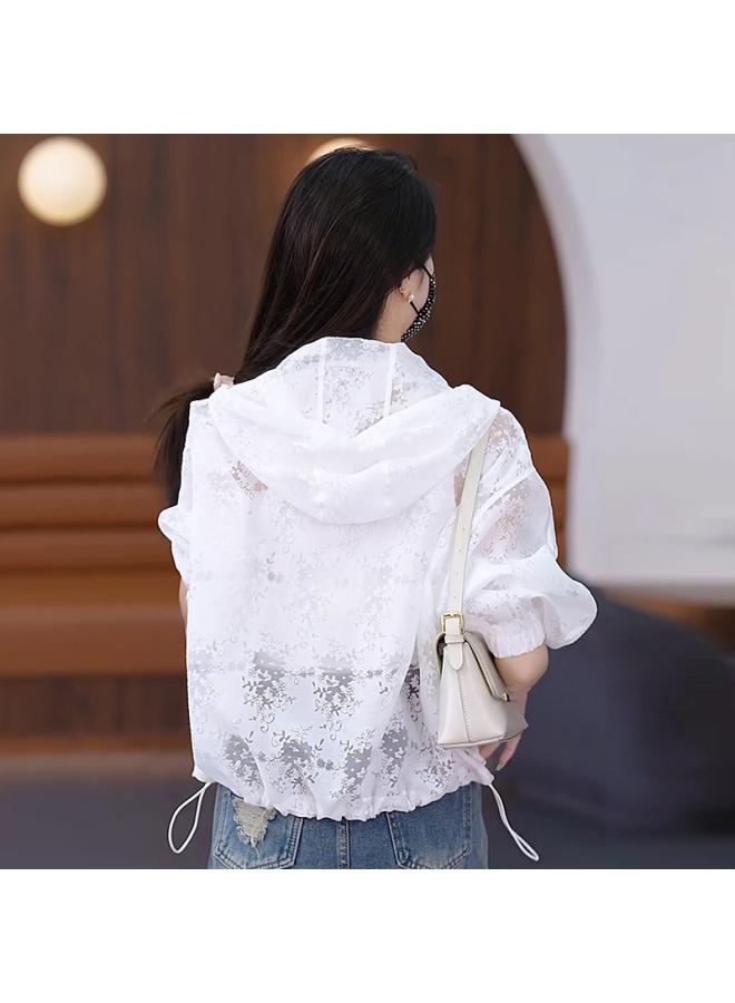 Song Feng Ya Long-sleeved Sun-protective Clothing W En's Summer New Plus Size W En's Hollow Lace Shirt Breathable Loose Hooded Coat - Image 4