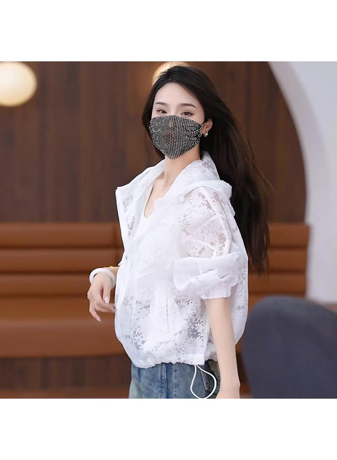 Song Feng Ya Long-sleeved Sun-protective Clothing W En's Summer New Plus Size W En's Hollow Lace Shirt Breathable Loose Hooded Coat - Image 3