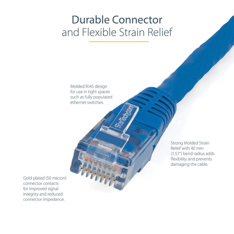 StarTech.com 35ft CAT6 Ethernet Cable - Blue CAT 6 Gigabit Ethernet Wire -650MHz 100W PoE++ RJ45 UTP Molded Category 6 Network/Patch Cord w/Strain Relief/Fluke Tested UL/TIA Certified (C6PATCH35BL) - Image 3
