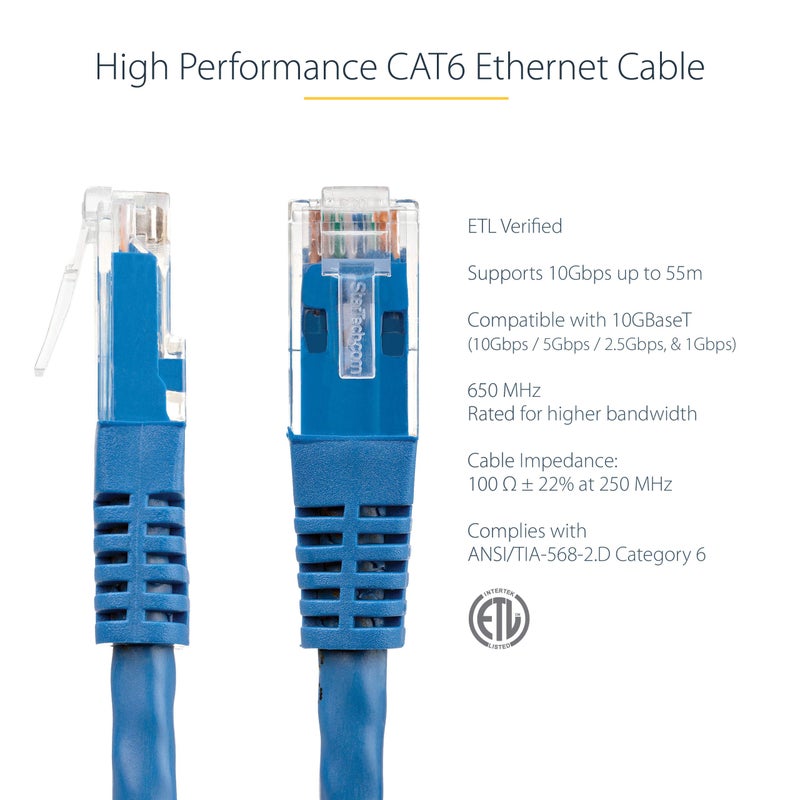 StarTech.com 35ft CAT6 Ethernet Cable - Blue CAT 6 Gigabit Ethernet Wire -650MHz 100W PoE++ RJ45 UTP Molded Category 6 Network/Patch Cord w/Strain Relief/Fluke Tested UL/TIA Certified (C6PATCH35BL) - Image 2