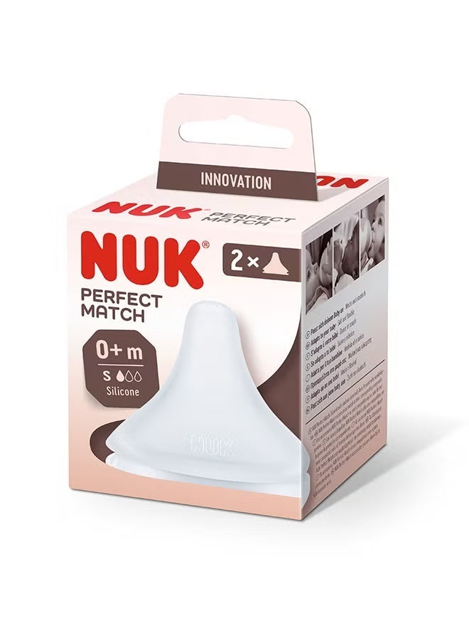 NUK Perfect Match Silicone Teat, Size S (0+ Months), 2 Pack - Soft & Flexible Baby Bottle Nipples, Anti-Colic, High Acceptance, BPA-Free, Skin-Soft Feel, for Newborns - Image 1