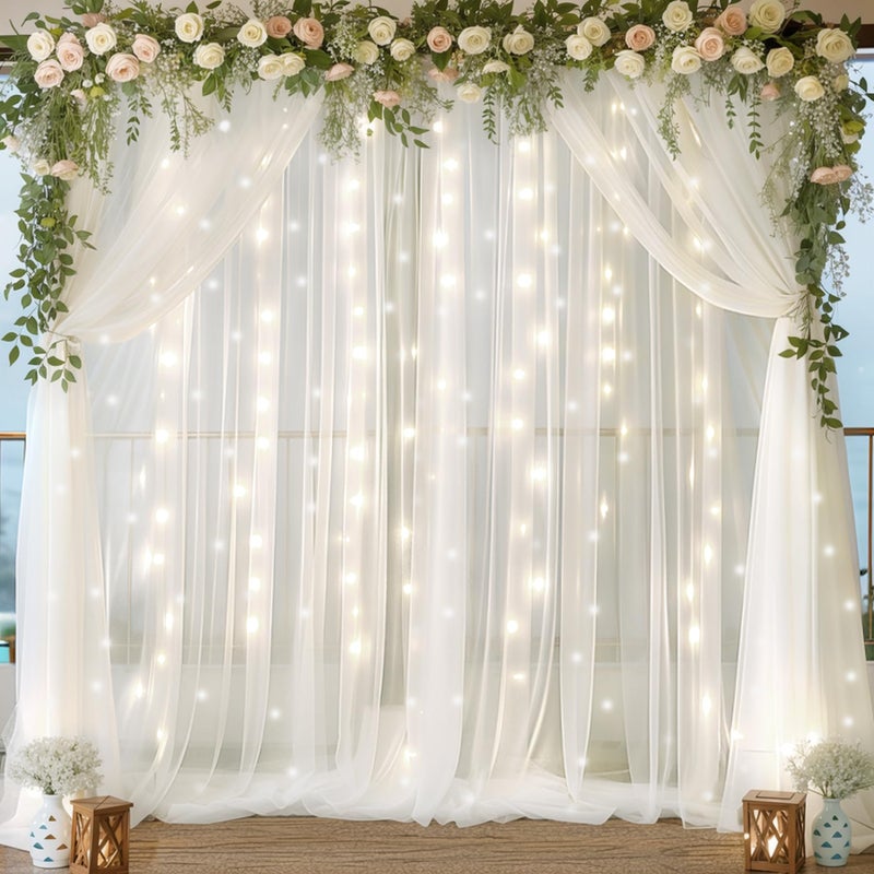 10ft x 10ft White Chiffon Backdrop Curtain with Lights String for Parties2 Panels Sheer Tulle Curtain Wedding Backdrop with Lights for Baby Shower Birthday Party Ceremony Reception Home Decorations