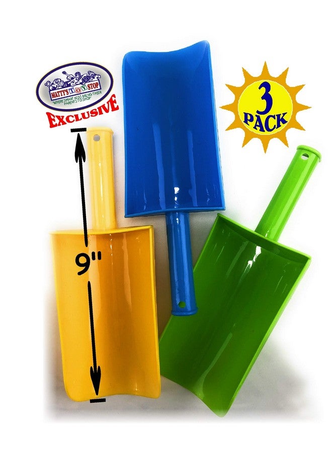 Matty's Toy Stop 9 Kids Short Handle Sand Scoop Plastic Shovels For Sand & Beach (Yellow Blue & Green) Gift Set Bundle 3 Pack - Image 3