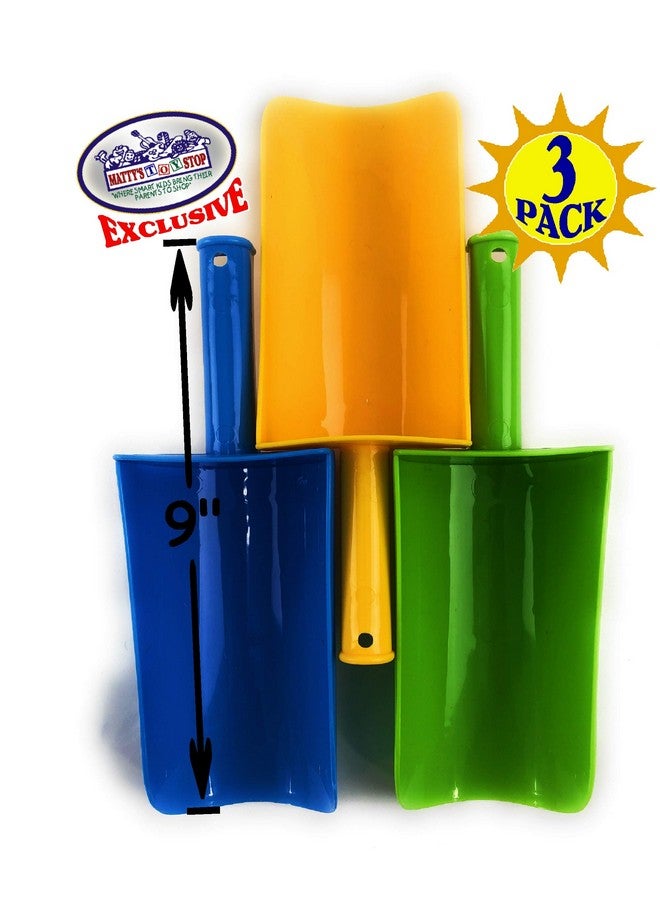 Matty's Toy Stop 9 Kids Short Handle Sand Scoop Plastic Shovels For Sand & Beach (Yellow Blue & Green) Gift Set Bundle 3 Pack - Image 4