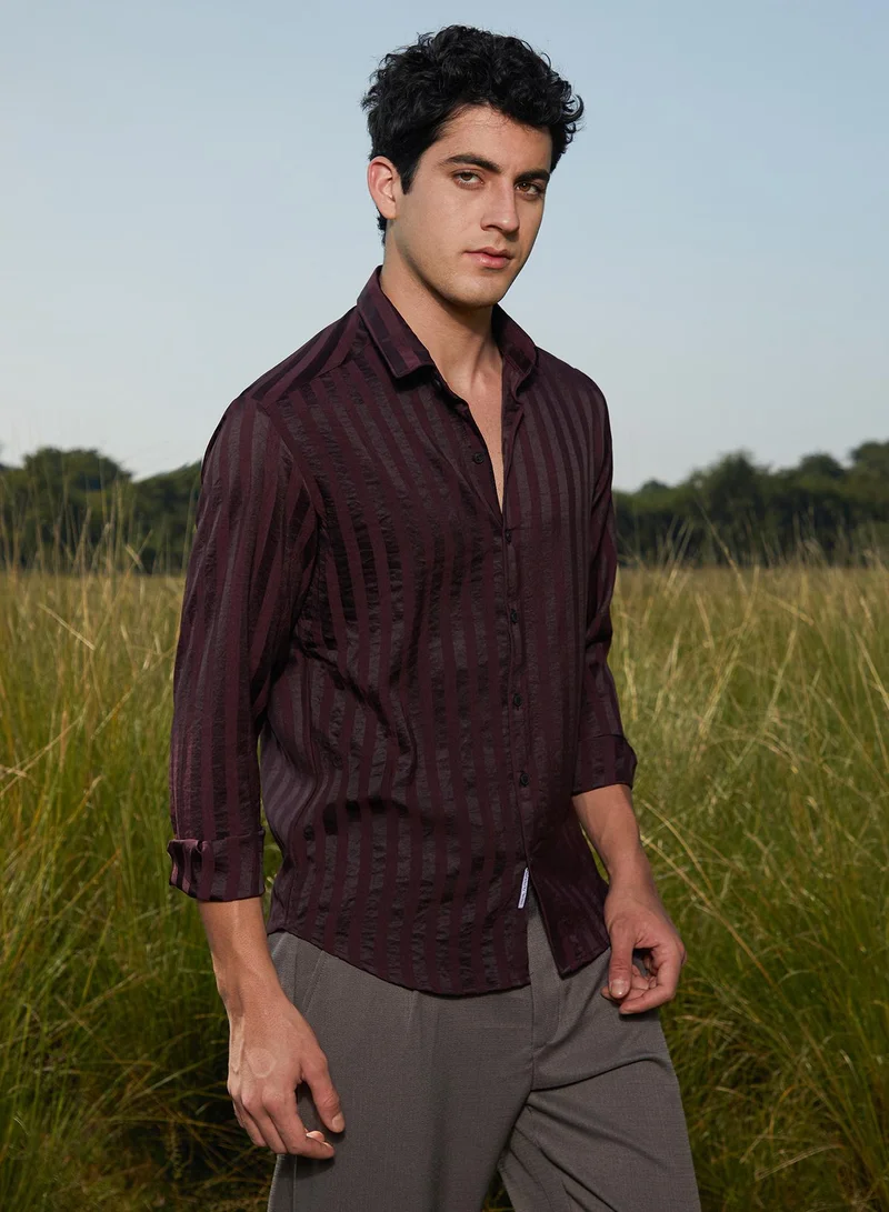 Campus Sutra Men's Wine Red Candy-Striped Shirt