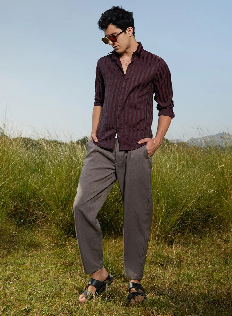 Campus Sutra Men's Wine Red Candy-Striped Shirt