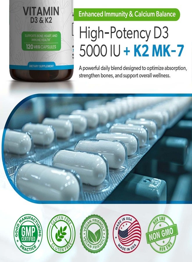 TrueMed Vitamin D3 K2 5000 IU (MK-7 90 mcg) Supplement – 120 Veg Capsules – K2 D3 Vitamin Supplement for Bone, Heart & Immune Support & Calcium Absorption- Non-GMO, Gluten Free - Made in USA - Image 3