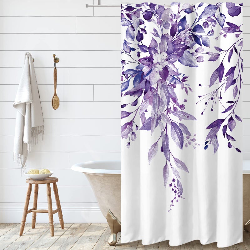 Tititex Purple Eucalyptus Shower Curtain Sets Watercolor Leaves on The Top Plant with Floral Bathroom Decoration 36x72 Inch with Hooks