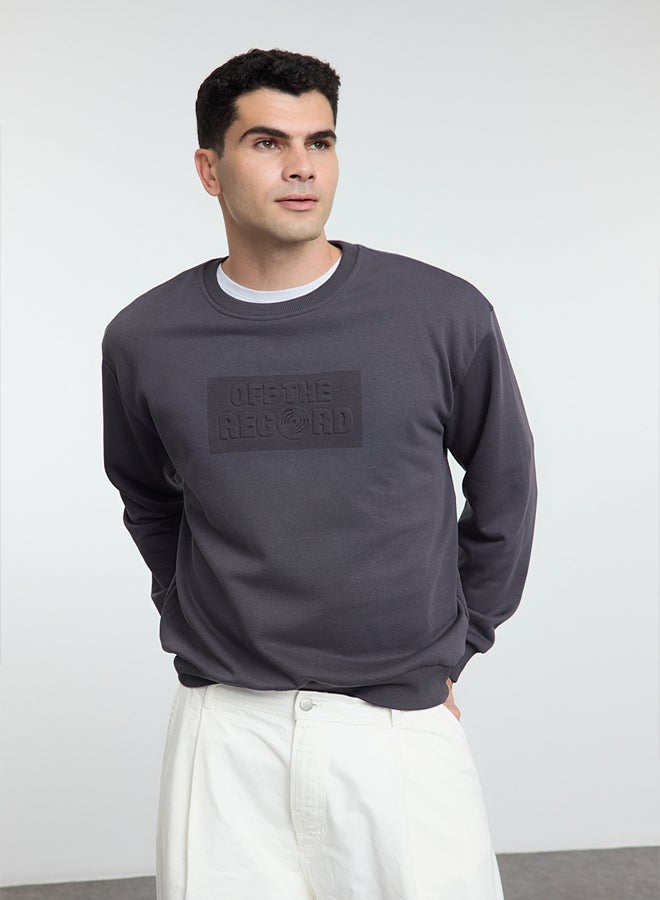 trendyol Anthracite Oversize/Wide Cut Embossed Text Printed Non-raised Sweatshirt - Image 2