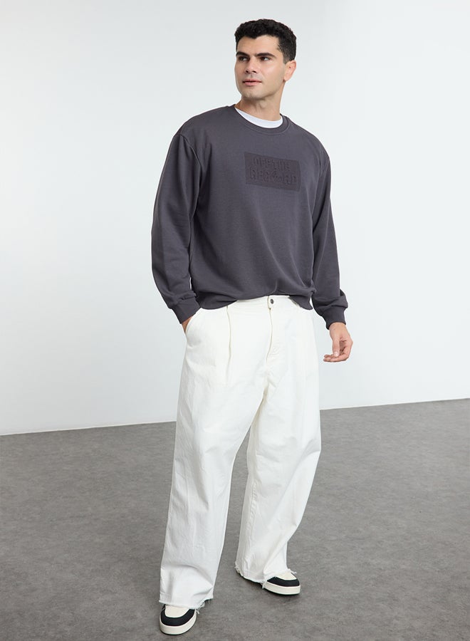 trendyol Anthracite Oversize/Wide Cut Embossed Text Printed Non-raised Sweatshirt - Image 1