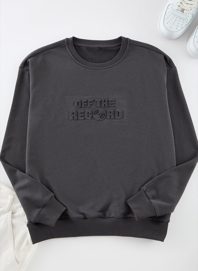 trendyol Anthracite Oversize/Wide Cut Embossed Text Printed Non-raised Sweatshirt - Image 5