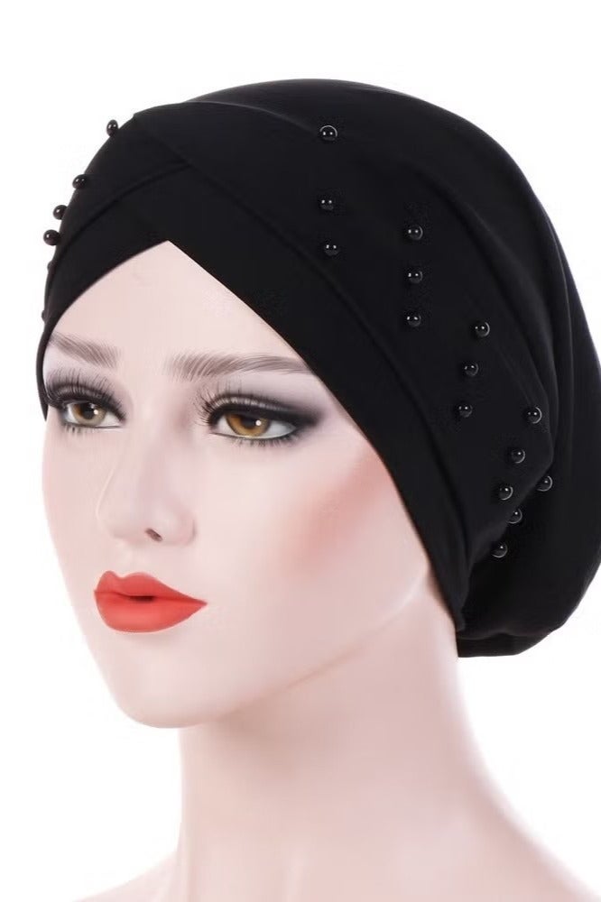 قبعة عمامة مرنة من الخرز للنساء، غطاء رأس للحجاب الإسلامي، أسود