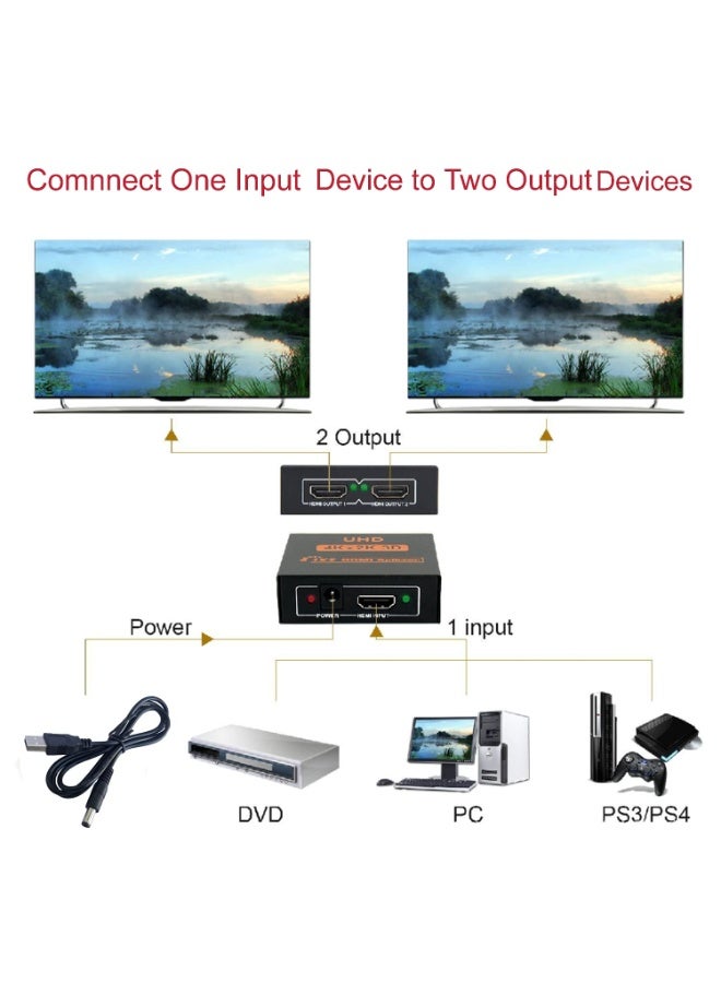 شابية موزع إشارات HDMI، مدخل واحد وخرجان، يدعم دقة 4K و3D و1080P، محول HDMI، صندوق توزيع الإشارات، كابل توصيل، متوافق مع أجهزة PS4 وXbox وأجهزة التلفزيون LED وLCD ومشغلات DVD وأجهزة HDTV وأجهزة العرض، يدعم عرض الصورة على شاشتين في الوقت نفسه. - Image 2