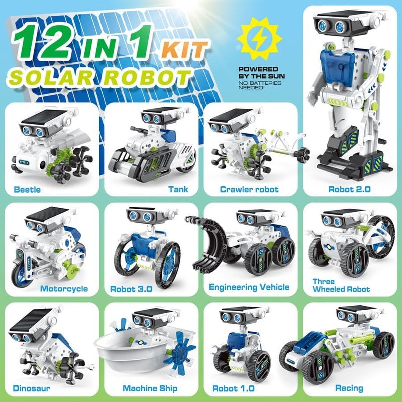 12 في 1 طقم ألعاب روبوت STEM يعمل بالطاقة الشمسية للأطفال، 208 قطعة، طقم بناء روبوت DIY تعليمي STEM علمي مع لوحة شمسية، ألعاب بناء علمية للأطفال من سن 8-16 سنة، للأولاد والبنات والمراهقين، هدايا عيد ميلاد - Image 2