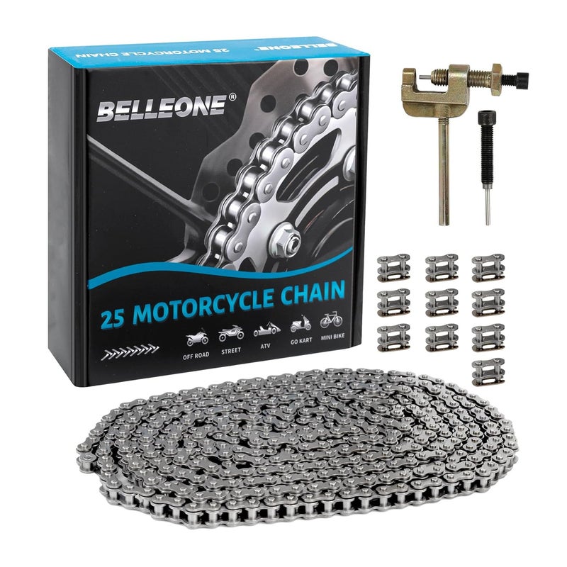Belleone #25 Roller Chain - 10 Feet #25 Chain with 10 Connecting Links & Chain Breaker for Go Karts, Mini Bikes, Scooters, Dirt Bikes, Razor Motorcycles, Pocket Bike and Bycicles - 480 Links - Image 1