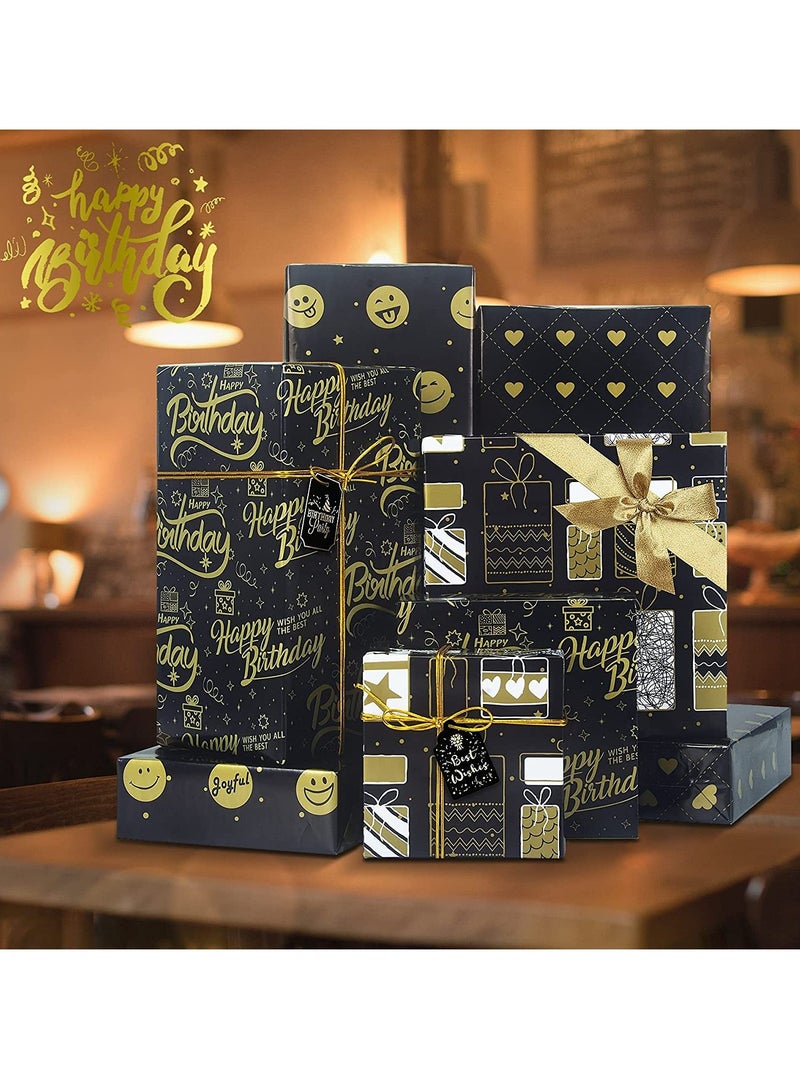 Suntown Birthday Wrapping Paper, Recycled Gift Wrapping Paper Black Gold Design Jute Twine and Gift tag, Gift Wraps for Birthday, Valentines, Graduation, Baby Shower, 27.5x19.6inch - Image 4