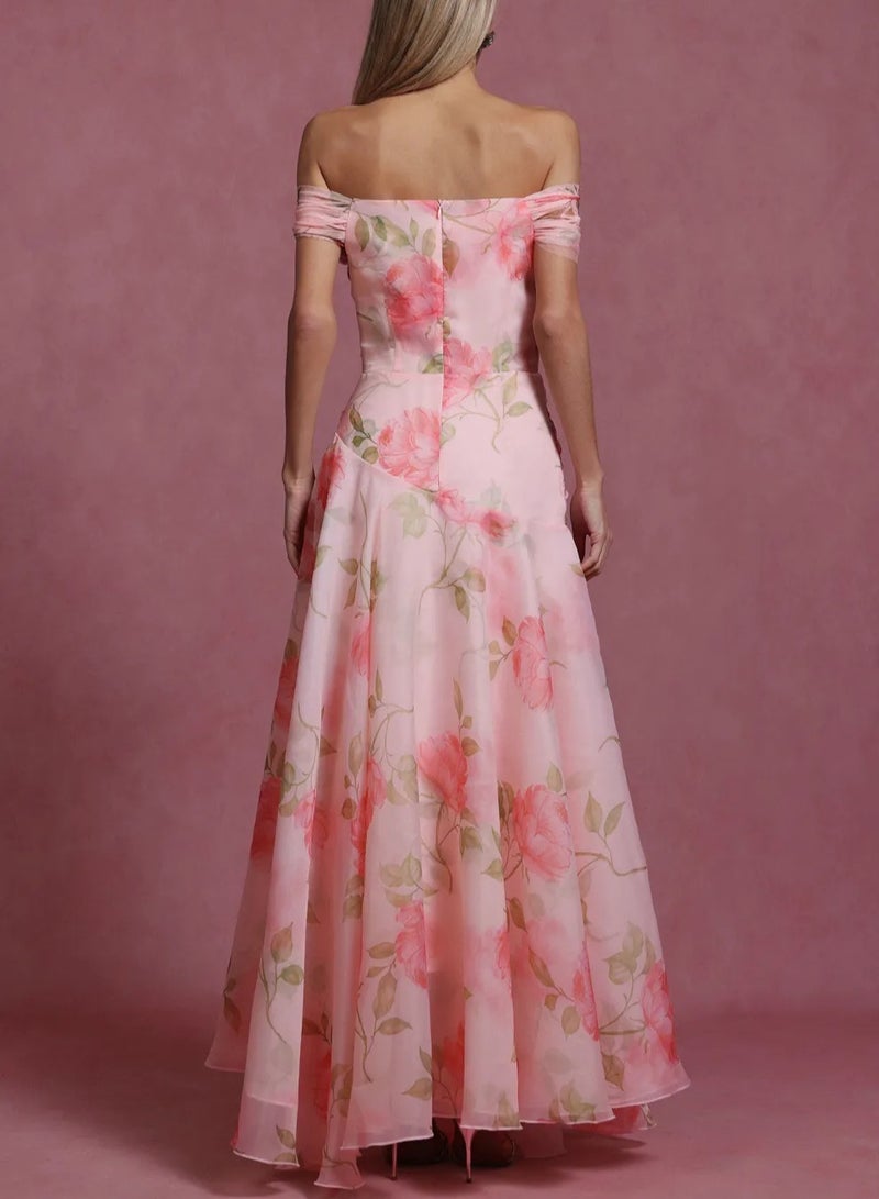 Madam Uniq Pink Floral Print Off - Shoulder Flower - Embellished Evening Ball Gown - Image 2