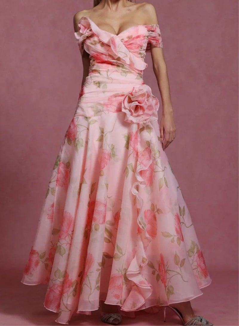 Madam Uniq Pink Floral Print Off - Shoulder Flower - Embellished Evening Ball Gown - Image 3