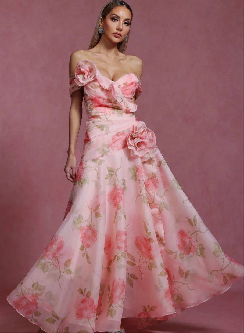 Madam Uniq Pink Floral Print Off - Shoulder Flower - Embellished Evening Ball Gown - Image 1