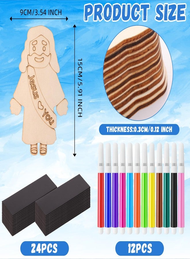 Blueweenly 24 Sets DIY Wood Jesus Figure Crafts Magnet for Kids Sunday School Vacation Bible School Craft Color Your Own Jesus Loves You with Magnets and Color Pens for Activity Easter - Image 2
