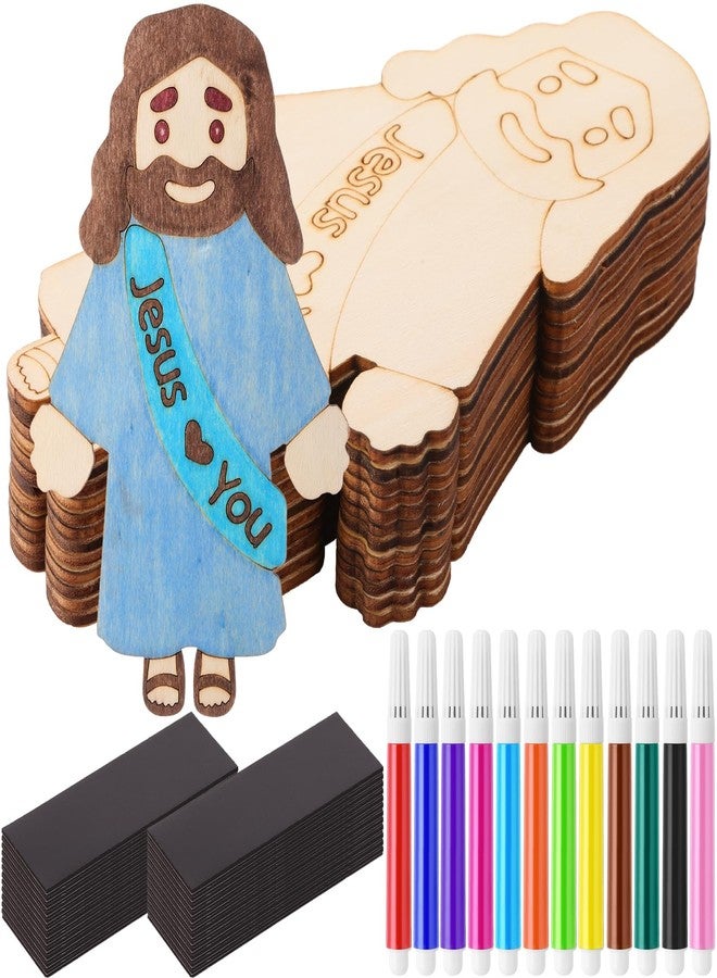 Blueweenly 24 Sets DIY Wood Jesus Figure Crafts Magnet for Kids Sunday School Vacation Bible School Craft Color Your Own Jesus Loves You with Magnets and Color Pens for Activity Easter - Image 1