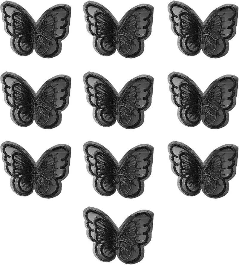 Black Organza Butterfly Appliques 10 Pieces Double Layer Embroidered Patches for Sewing Crafts - Image 1