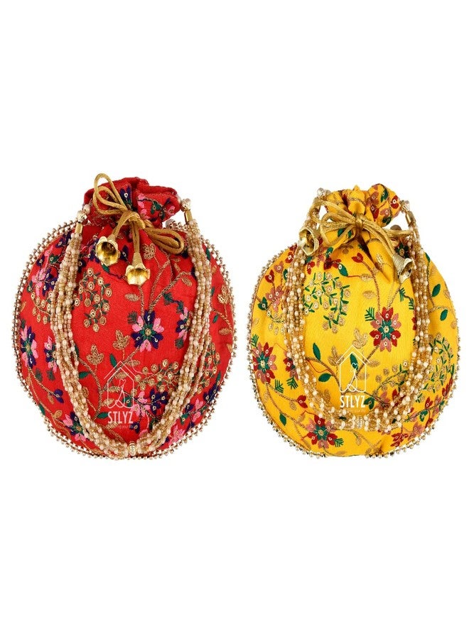 STLYZ Traditional Silk Potli Bag For Women, Embroidered Potli Handbag Wristlets Ethnic Bridal Potli Batwa Bag For Ladies For Wedding Return Gifts (Pack of 2) (NewDesignPotli_Packof2) - Image 1