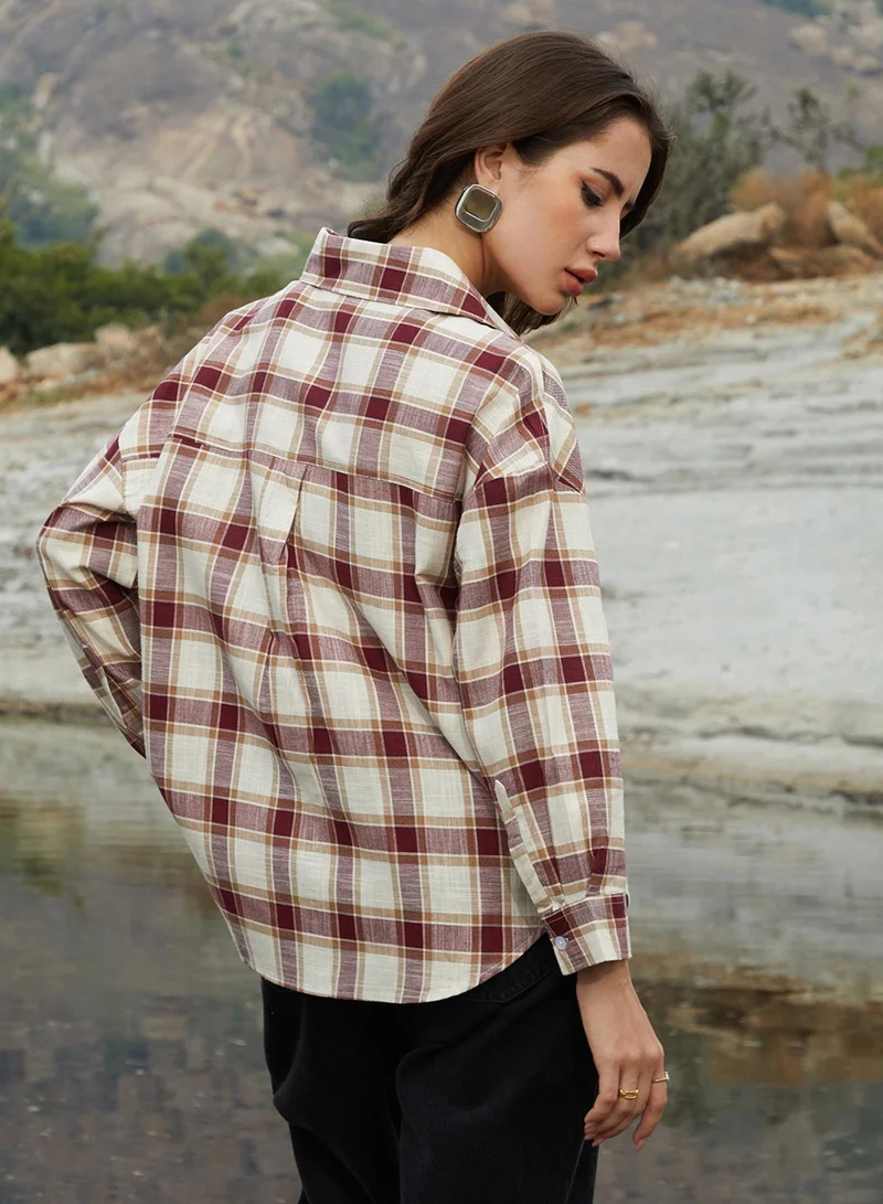 Pinacolada  Women's Mocha Brown & Pale Yellow Tartan Plaid Oversized Shirt for Women | Best Price UAE
