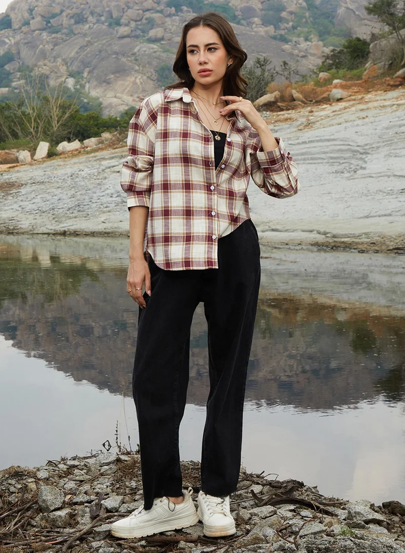 Pinacolada  Women's Mocha Brown & Pale Yellow Tartan Plaid Oversized Shirt for Women | Best Price UAE