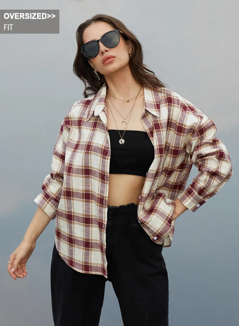 PINACOLADA Women's Mocha Brown & Pale Yellow Tartan Plaid Oversized Shirt