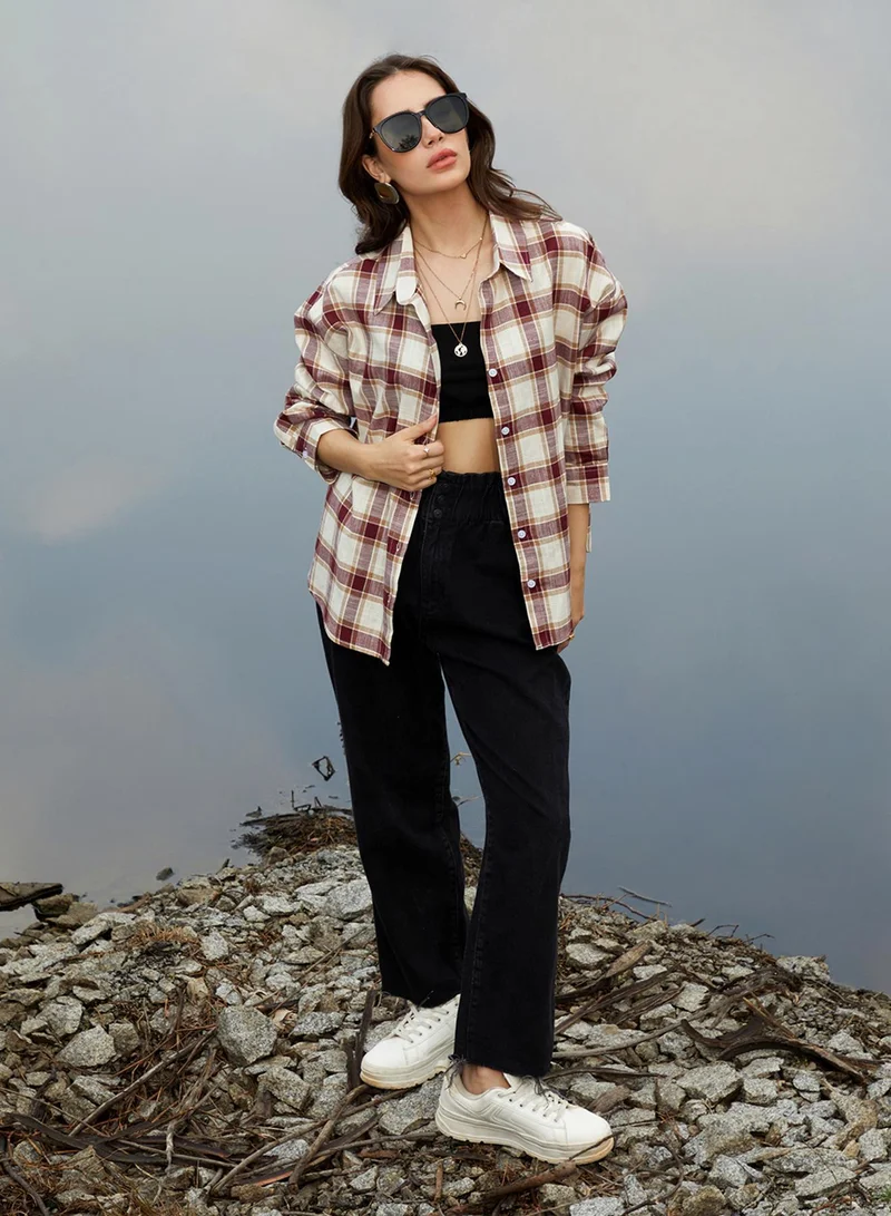 Pinacolada  Women's Mocha Brown & Pale Yellow Tartan Plaid Oversized Shirt for Women | Best Price UAE
