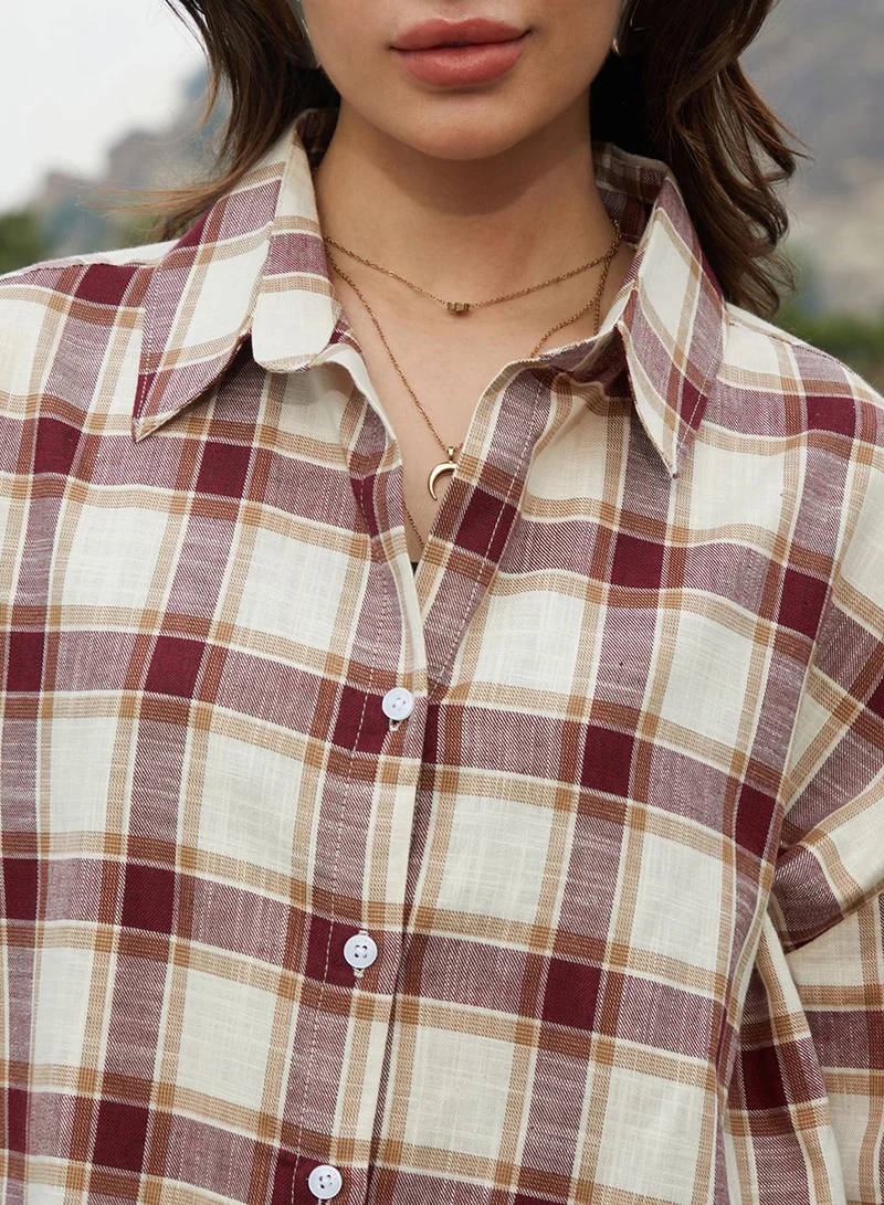Pinacolada  Women's Mocha Brown & Pale Yellow Tartan Plaid Oversized Shirt for Women | Best Price UAE