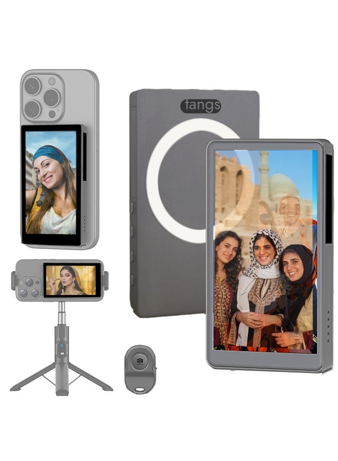 ملقط شاشة سيلفي لاسلكية مدمج بها سماعة | بطارية 2000 مللي أمبير ضخمة | شاشة عالية الدقة فائقة الوضوح | اتصال مزدوج واي فاي/بلوتوث، حامل مغناطيسي وريموت تحكم لتيك توك ويوتيوب - Image 1