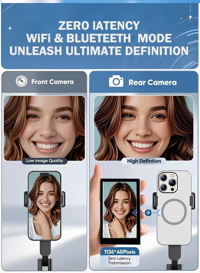 ملقط شاشة سيلفي لاسلكية مدمج بها سماعة | بطارية 2000 مللي أمبير ضخمة | شاشة عالية الدقة فائقة الوضوح | اتصال مزدوج واي فاي/بلوتوث، حامل مغناطيسي وريموت تحكم لتيك توك ويوتيوب - Image 4