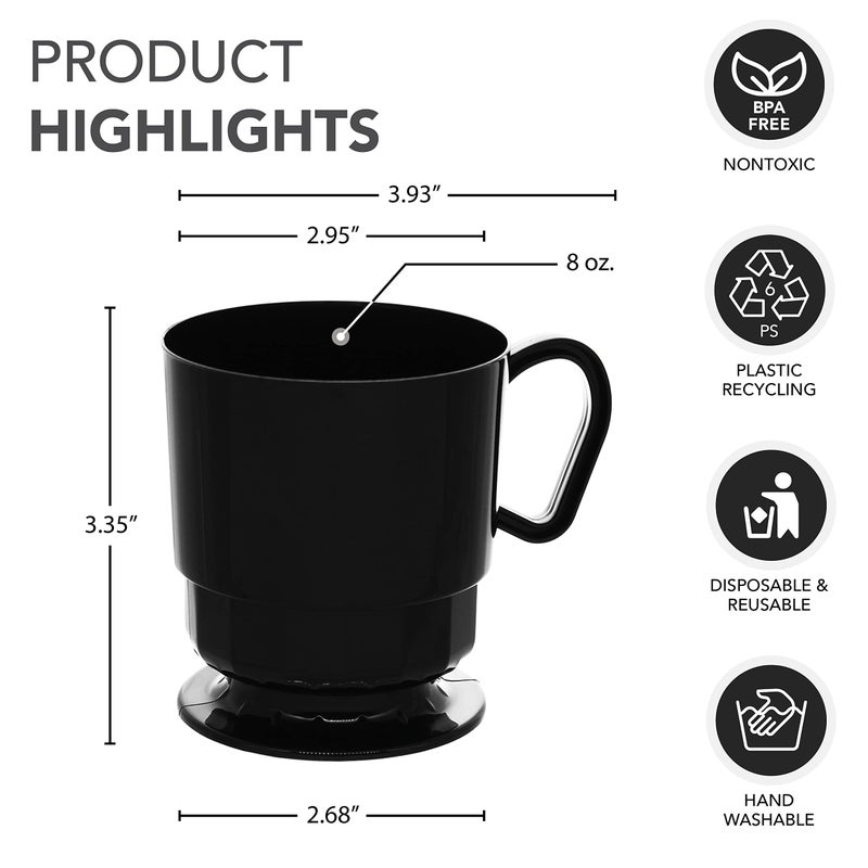 Party Essentials 8-Ounce Hard Plastic Coffee Cup/Tea Mug with Handle  20-Count  Deluxe Black - Image 2