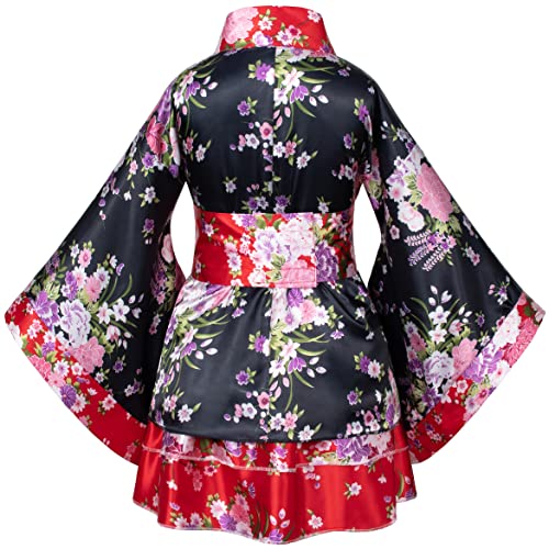 Elibelle Japanese Traditional Dress Kimono Robe for Kids Girls Costume Silk Folding Fans hairstick Fox mask Set(red Back 150cm) - Image 3