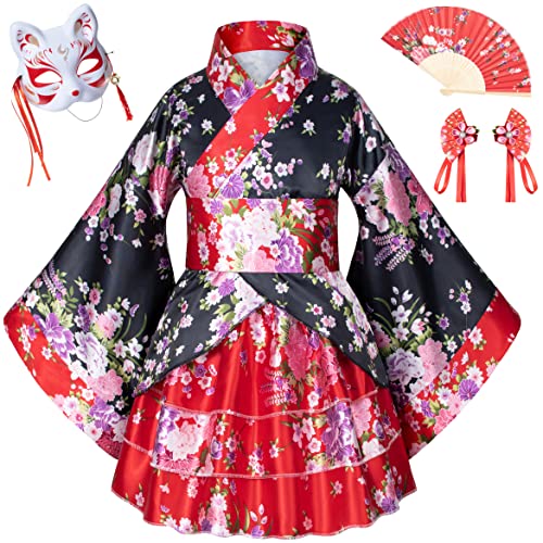 Elibelle Japanese Traditional Dress Kimono Robe for Kids Girls Costume Silk Folding Fans hairstick Fox mask Set(red Back 150cm) - Image 2