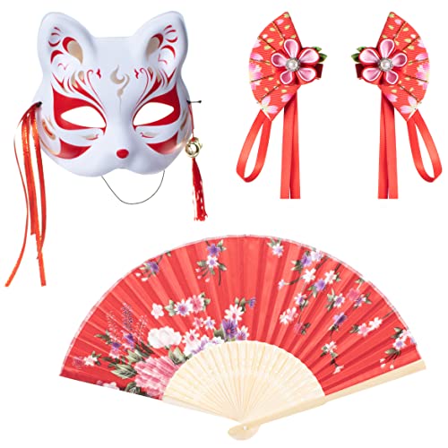 Elibelle Japanese Traditional Dress Kimono Robe for Kids Girls Costume Silk Folding Fans hairstick Fox mask Set(red Back 150cm) - Image 4