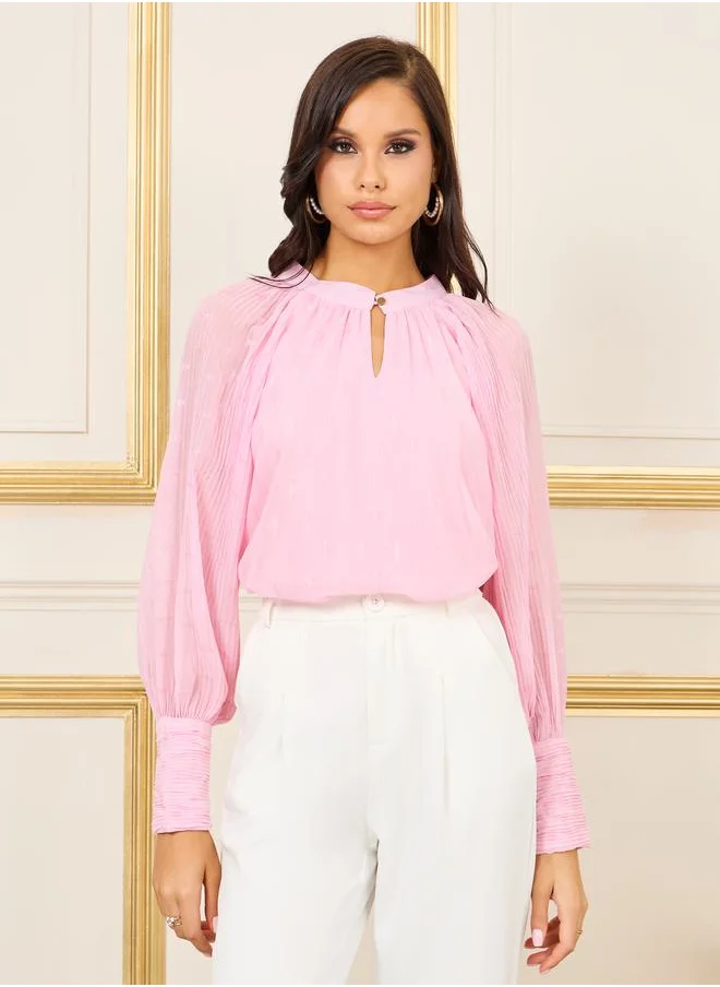 Styli Pleated Sleeves Textured Blouse