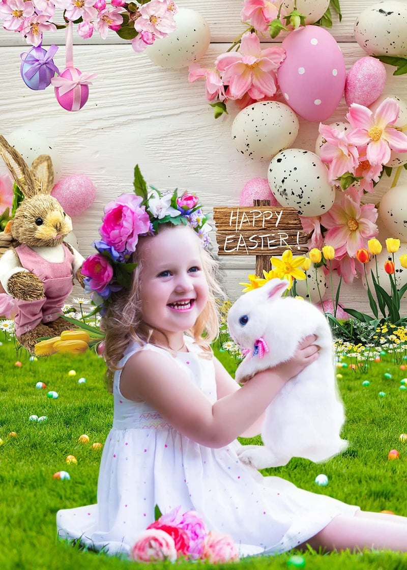 CHAIYA 6X8FT Easter Photography Backdrop Rustic Wooden Wall Background Rabbit Colorful Eggs Green Grass Floral Baby Kids Easter Backdrop Party Decor Banner CY206 - Image 2