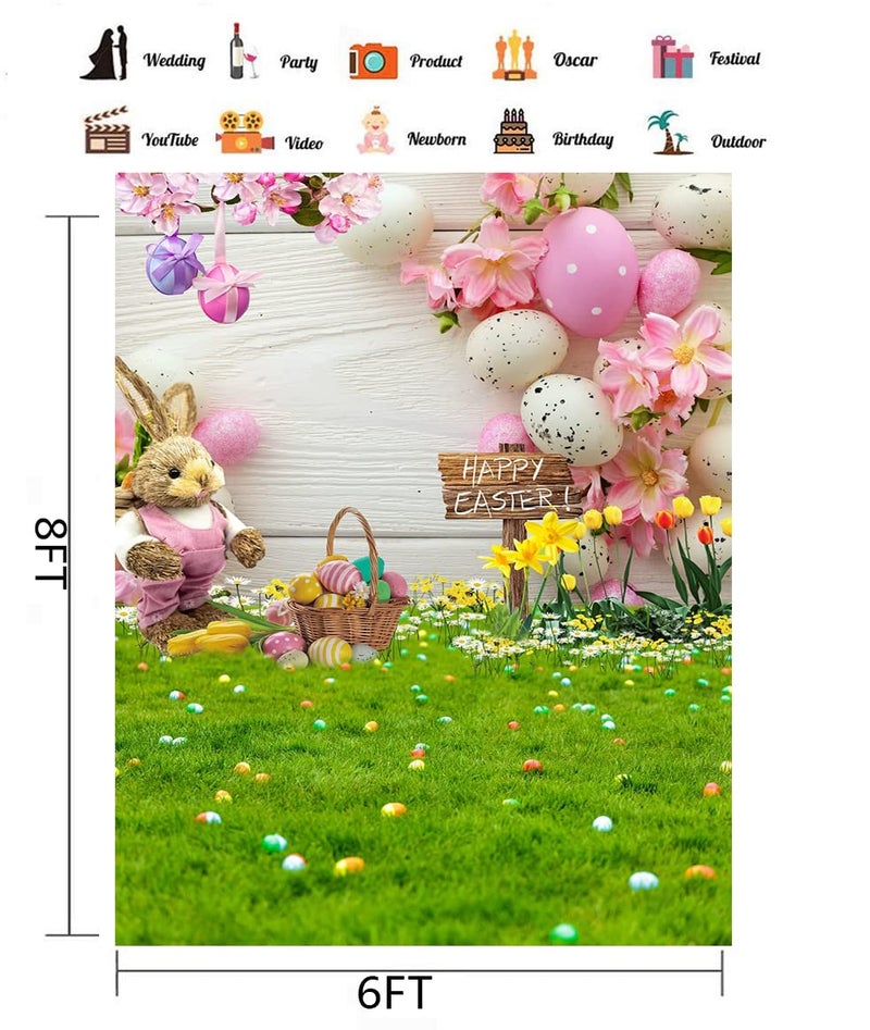 CHAIYA 6X8FT Easter Photography Backdrop Rustic Wooden Wall Background Rabbit Colorful Eggs Green Grass Floral Baby Kids Easter Backdrop Party Decor Banner CY206 - Image 4