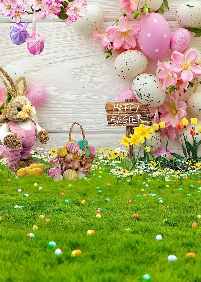CHAIYA 6X8FT Easter Photography Backdrop Rustic Wooden Wall Background Rabbit Colorful Eggs Green Grass Floral Baby Kids Easter Backdrop Party Decor Banner CY206 - Image 1