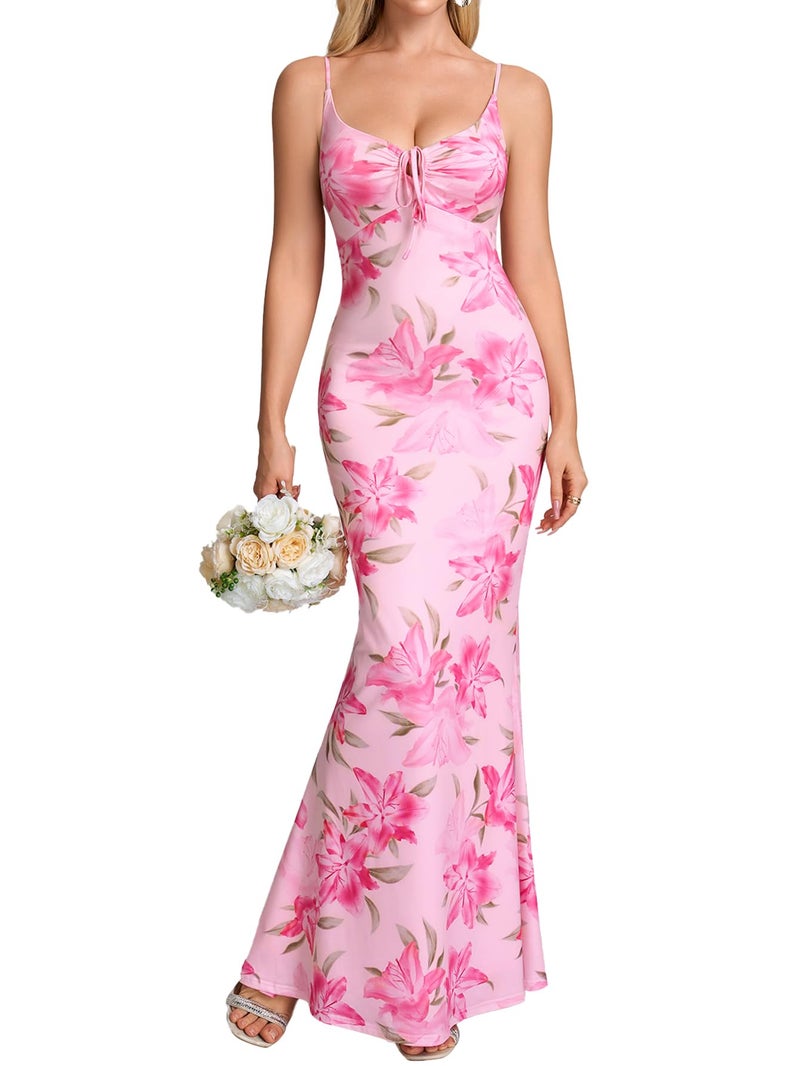 HTZMO Women Floral Summer Wedding Guest Long Dress Bodycon Lace Up Beach Vacation Party Elegant Maxi Dresses PinkFloral M - Image 1