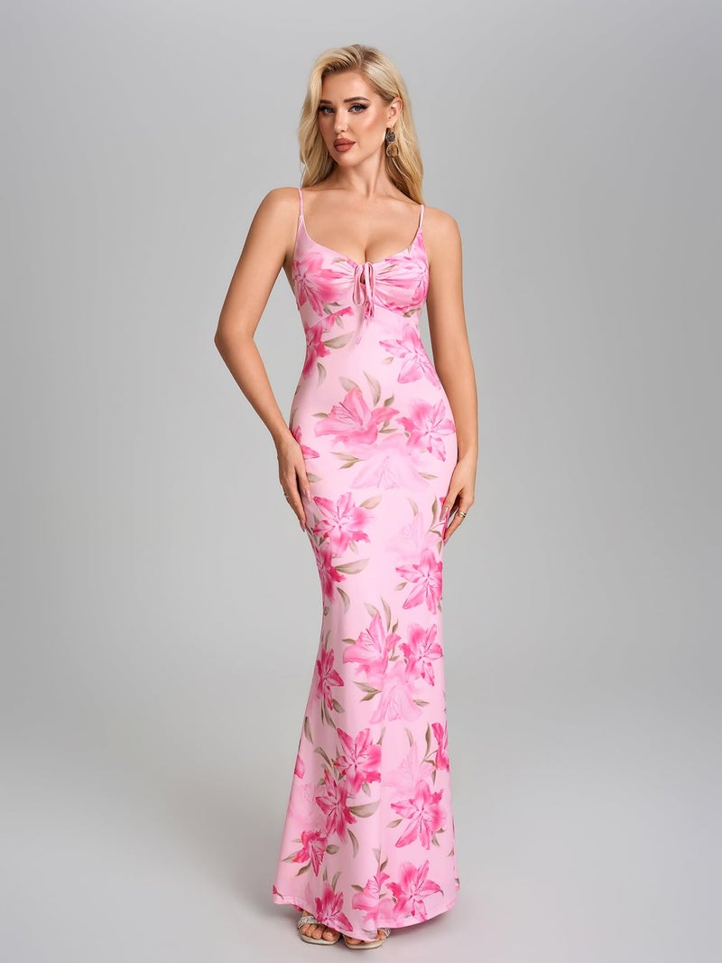 HTZMO Women Floral Summer Wedding Guest Long Dress Bodycon Lace Up Beach Vacation Party Elegant Maxi Dresses PinkFloral M - Image 2