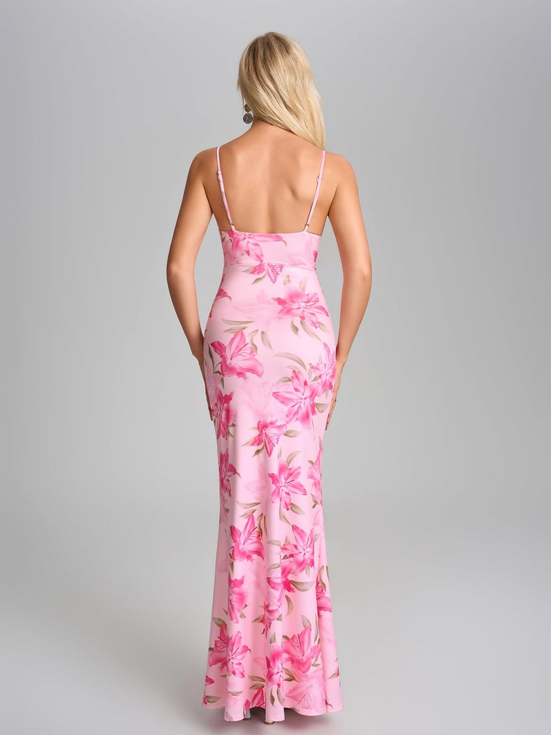 HTZMO Women Floral Summer Wedding Guest Long Dress Bodycon Lace Up Beach Vacation Party Elegant Maxi Dresses PinkFloral M - Image 4