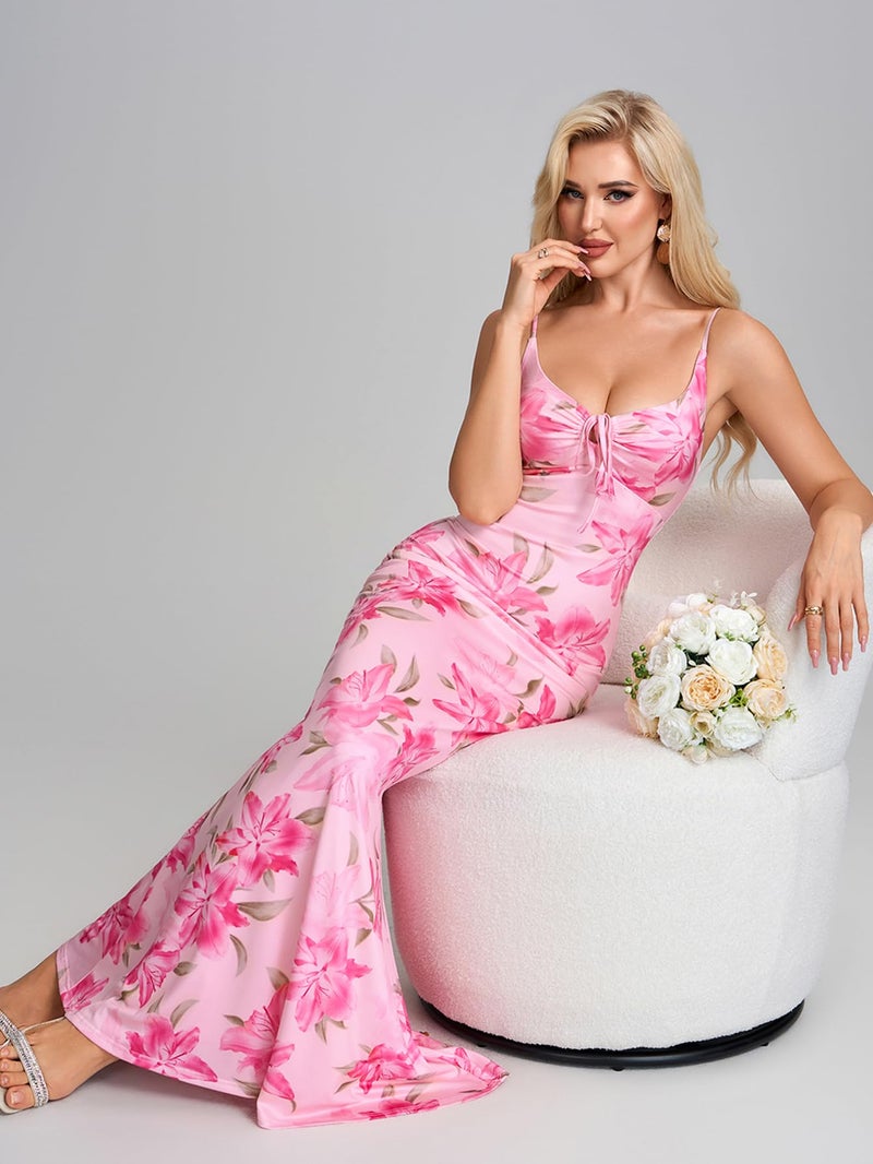 HTZMO Women Floral Summer Wedding Guest Long Dress Bodycon Lace Up Beach Vacation Party Elegant Maxi Dresses PinkFloral M - Image 5