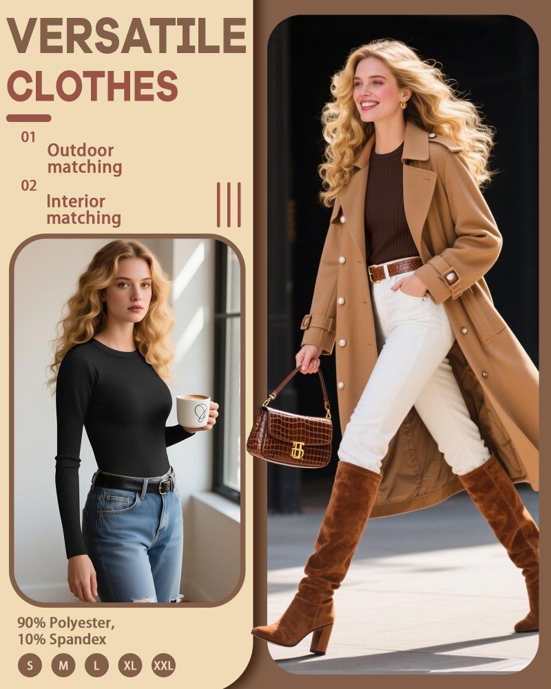 Evervibe 3 Pack Women's Ribbed Long Sleeve Thermal Tops Thin Fleece Lined Crew Neck Shirts Warm Basic Undershirt for Winter(Black, Brown, Cream,Large) - Image 4