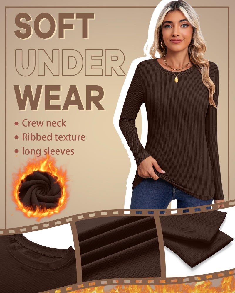Evervibe 3 Pack Women's Ribbed Long Sleeve Thermal Tops Thin Fleece Lined Crew Neck Shirts Warm Basic Undershirt for Winter(Black, Brown, Cream,Large) - Image 5